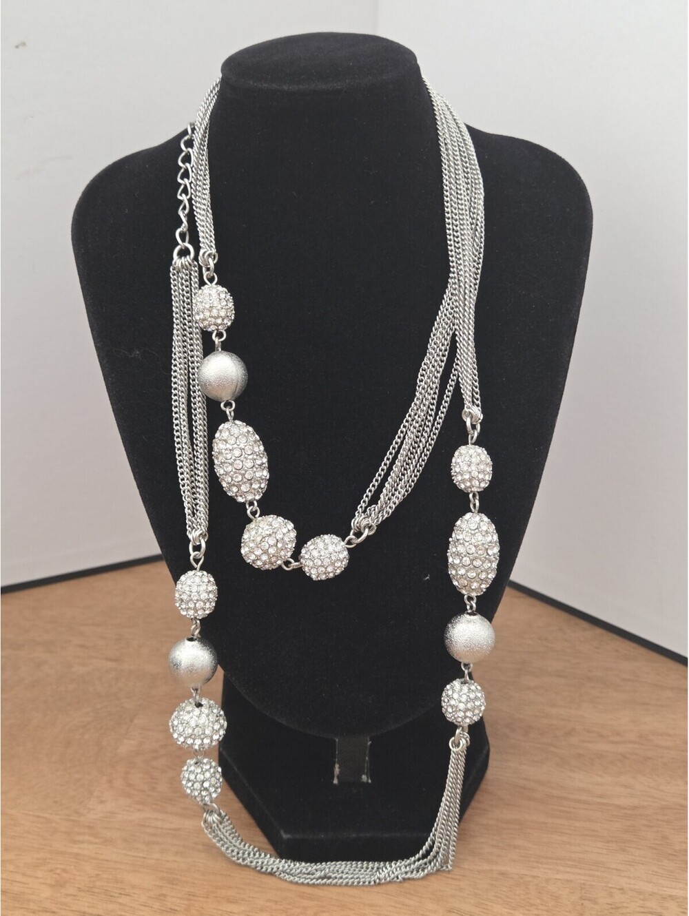 Chico’s Silver Tone Multi Strand Mesh Rhinestone Beaded Statement Necklace